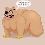 1:1 2022 absurd_res all_fours anthro bedroom_eyes big_butt black_eyes brown_body butt clothing colossalstars cuphead_(game) curled_tail dialogue domestic_pig eye_patch eyewear facial_hair gloves half-closed_eyes handwear hi_res huge_butt looking_back male mammal narrowed_eyes nude open_mouth open_smile overweight porkrind_(cuphead) seductive simple_background smile solo suid suina sus_(pig) tail text thick_thighs