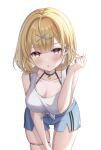  1girl :o ahoge bare_arms bare_shoulders black_collar blonde_hair blue_shorts blunt_bangs blush breasts cleavage collar collarbone commentary_request cowboy_shot eyes_visible_through_hair hair_intakes hair_ornament halterneck hand_in_own_hair hand_up heterochromia highres hoshikawa_sara large_breasts leaning_forward looking_at_viewer medium_hair meme_(mm_ta_mm) nijisanji parted_lips pink_eyes shirt shorts simple_background skindentation sleeveless solo standing tank_top thigh_strap tied_shirt virtual_youtuber white_background white_tank_top x_hair_ornament yellow_eyes 