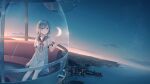  1girl absurdres blue_eyes blue_hair city crescent_moon dress ferris_wheel gumi hand_on_glass highres moon ocean parted_lips sailor_dress sakakidani short_hair_with_long_locks short_sleeves sitting sky socks solo sunset vocaloid 