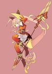  &gt;_o :d absurdres ahoge boots dobunezumi elsword full_body hair_ornament highres ignia_(elsword) long_hair looking_at_viewer one_eye_closed open_mouth pink_hair polearm ponytail red_legwear simple_background smile solo spear v weapon 