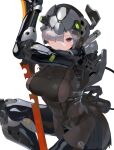  1girl absurdres black_bodysuit bodysuit breasts covered_navel cyborg grey_hair hair_over_one_eye helmet highres holding holding_sword holding_weapon joints large_breasts looking_at_viewer original purple_eyes robot_joints science_fiction short_hair solo sword weapon white_background yunimaru 