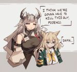  2girls absurdres animal_ears arknights blonde_hair breasts closed_eyes cropped_torso demon_horns dog_ears dog_girl english_text green_eyes green_jacket grey_hair hair_between_eyes hand_on_another&#039;s_shoulder highres horns id_card jacket large_breasts long_hair matoimaru_(arknights) multiple_girls open_clothes open_jacket open_mouth podenco_(arknights) pointy_ears simple_background togekk0 upper_body white_background 