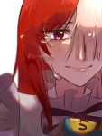  1girl absurdres closed_mouth commentary crying crying_with_eyes_open hair_over_one_eye highres long_hair multicolored_hair neck_ribbon one_piece one_piece_film:_red portrait red_hair ribbon sidelocks simple_background solo spica_(spica5f9ea0) split-color_hair tears twitter_username two-tone_hair uta_(one_piece) white_background white_hair 