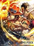  2boys abs arm_tattoo bead_necklace beads black_hair clenched_hand clenched_teeth commentary_request cowboy_hat english_text fire freckles hat jewelry male_focus monkey_d._luffy multiple_boys necklace nijihayashi official_art one_piece open_mouth orange_headwear portgas_d._ace short_hair smile straw_hat tattoo teeth topless_male translation_request unworn_hat unworn_headwear 