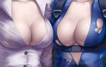  2girls alternate_costume armpit_holster breasts cleavage close-up collarbone gina_foley head_out_of_frame highres holster jill_valentine large_breasts multiple_girls no_bra open_clothes resident_evil standing sweat thor_(deep_rising) torn_clothes upper_body 