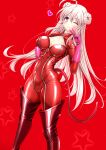 1girl beatmania_iidx biker_clothes bikesuit bodysuit boots breasts catsuit cleavage cleavage_cutout clothing_cutout cosplay curvy double_bun full-length_zipper gloves hair_bun highres long_hair looking_at_viewer medium_breasts one_eye_closed persona persona_5 pink_eyes pink_gloves pink_hair plump red_bodysuit satou_terumasa shiny_clothes smile solo tail takamaki_anne takamaki_anne_(cosplay) thigh_boots zipper 