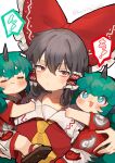  3girls :/ :3 :d =_= aqua_eyes ascot bow brown_hair carrying carrying_person clone closed_eyes closed_mouth commentary_request frilled_bow frilled_hair_tubes frilled_shirt_collar frills geta green_hair hair_bow hair_tubes hakurei_reimu highres horns komano_aunn long_hair multiple_girls red_bow red_eyes red_shirt shirt shorts simple_background single_horn smile speech_bubble sweatdrop touhou twitter_username uchisaki_himari upper_body white_background white_shorts yellow_ascot 