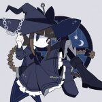  1girl anchor_symbol blue_dress blue_eyes blue_footwear boots bow braid brown_hair chain chibi colored_skin crescent dress funamusea grey_background hair_bow hat highres oounabara_to_wadanohara pointy_ears rasarasu sailor_collar sailor_dress solo star_(symbol) wadanohara watermark white_skin window witch witch_hat 