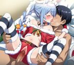  1boy 1girl animal_ear_fluff animal_ears bell black_thighhighs blue_hair blush braid breasts carrot_hair_ornament censored christmas closed_eyes clothed_female_nude_male clothed_sex commentary_request cropped_shirt faceless faceless_male feet_out_of_frame food-themed_hair_ornament french_kiss fur-trimmed_gloves fur-trimmed_headwear fur-trimmed_shirt fur-trimmed_shorts fur_trim fuyumi_kazuki girl_on_top gloves hair_ornament hat hetero hololive kiss light_blue_hair long_hair lying midriff mosaic_censoring multicolored_hair navel nude off-shoulder_shirt off_shoulder on_back open_fly open_mouth paid_reward_available penis pussy rabbit_ears rabbit_girl red_gloves red_headwear red_shirt red_shorts santa_costume santa_hat sex shirt short_shorts shorts small_breasts striped striped_thighhighs testicles thick_eyebrows thighhighs tongue tongue_out twin_braids two-tone_hair usada_pekora vaginal virtual_youtuber white_hair white_thighhighs 