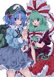  2girls absurdres arm_ribbon blue_eyes blue_hair green_eyes green_hair highres kagiyama_hina kawashiro_nitori looking_at_viewer mugi_(mugimugi_9kv) multiple_girls puffy_short_sleeves puffy_sleeves ribbon short_sleeves smile touhou white_background yuri 