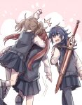  3girls alternate_costume arm_up black_footwear black_pantyhose black_skirt blue_eyes blue_vest brown_hair commentary_request contemporary cynthia_(fire_emblem) falchion_(fire_emblem) fire_emblem fire_emblem_awakening from_behind hug hug_from_behind long_hair long_sleeves lucina_(fire_emblem) multiple_girls open_mouth pantyhose pleated_skirt school_uniform severa_(fire_emblem) shippo3101 shirt shoes skirt smile sword sword_on_back thighhighs twintails vest weapon weapon_on_back white_shirt white_thighhighs 