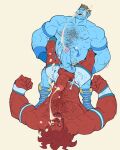 4:5 blu_skin bottomwear clothing cock_and_ball_torture genital_torture hair humanoid male muscular muscular_male mutual_cbt orc red_body red_hair red_skin rickleone shorts wrestling