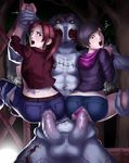  2girls areolae ass backboob belt black_hair blood blue_eyes blush breasts brown_eyes censored claire_redfield clothed_female_nude_male forest group_sex highres huge_penis jacket large_breasts legs legs_up long_hair looking_back moira_burton monster mosaic_censoring multiple_girls nature nipples no_bra open_clothes open_mouth panties panties_aside pants penis ponytail rape red_hair resident_evil sex short_hair shorts standing sweat testicles thighs thor_(deep_rising) threesome torn_clothes tree trees underwear vaginal zombie 