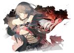  1girl bandaged_arm bandages bare_shoulders belt black_hair breasts cleavage_cutout clothing_cutout fire floating_hair fur_collar hair_between_eyes highres large_breasts long_hair looking_at_viewer navel solo tales_of_(series) tales_of_berseria torn_clothes velvet_crowe xing_20 yellow_eyes 