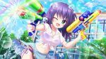  1girl ;d aqua_eyes bikini bikini_under_clothes blue_hair blue_skirt blue_sky breasts building chain-link_fence cloud collarbone day dot_nose dual_wielding fence film_grain game_cg holding holding_water_gun honjou_kasumi izumi_tsubasu large_breasts lens_flare marehoshi_academy_school_uniform medium_hair midriff navel non-web_source official_art one_eye_closed open_mouth outdoors purple_bikini rainbow re:stage! school_uniform shirt side-tie_bikini_bottom skirt sky smile solo sparkle swimsuit tied_shirt tree trigger_discipline water_drop water_gun white_shirt 