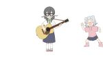  2girls acoustic_guitar alternate_costume black_hair black_skirt blunt_bangs blush_stickers boots braid cevio clenched_hands collared_shirt double_bun drawstring facing_viewer fang flipped_hair full_body glasses green_necktie grey_hair guitar gyari_(imagesdawn) hair_bun hair_flaps hair_over_shoulder hanakuma_chifuyu highres holding holding_guitar holding_instrument hood hood_down hoodie instrument kneehighs koharu_rikka legs_apart low_twin_braids multiple_girls necktie o_o opaque_glasses open_mouth pink_footwear pink_hoodie pleated_skirt shirt shoes short_sleeves skirt smile socks standing synthesizer_v twin_braids uwabaki v-shaped_eyebrows white_shirt white_socks 