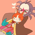  blue_fire blush cat chiyoko_(oman1229) commentary fire heart japanese_clothes jibanyan jorougumo_(youkai_watch) multiple_tails notched_ear simple_background sweat tail tail-tip_fire two_tails youkai youkai_watch 