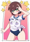  1girl absurdres aile_(mega_man_zx) bloomers brown_hair buzzlyears closed_mouth collarbone green_eyes gym_uniform highres looking_at_viewer mega_man_(series) mega_man_zx short_hair short_sleeves solo v white_sleeves 