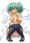  1girl black_legwear breasts china_dress chinese_clothes cleavage cleavage_cutout dress female green_eyes green_hair ikkitousen large_breasts long_hair official_art ryofu_housen simple_background smile solo squatting thighhighs twintails 