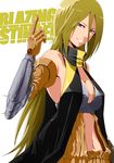  bare_shoulders blazing_stinger_(vocaloid) blonde_hair blue_eyes bra breasts cleavage grin hair_between_eyes lily_(vocaloid) long_hair looking_at_viewer medium_breasts midriff navel no10 smile solo underwear vocaloid yellow_bra 