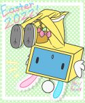and-kensaku avian basket bent_over bird clothing container dotted_background dress easter easter_basket egg english_text fake_ears fake_rabbit_ears feet female green_background hi_res holidays machine mysterious_pyoko nintendo pattern_background remloww robot simple_background solo text yellow_body yellow_clothing yellow_dress