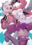  1girl aqua_eyes boots breasts elphelt_valentine frilled_skirt frills guilty_gear guilty_gear_strive highres holding holding_microphone jacket large_breasts microphone one_eye_closed open_clothes open_jacket open_mouth pink_jacket pink_skirt pink_thighhighs poch4n short_hair skirt solo thigh_boots thighhighs white_hair 