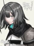  1girl absurdres arknights dated grey_background grey_eyes grey_hair grey_shirt greythroat_(arknights) hair_between_eyes hair_ornament happy_birthday highres looking_at_viewer parted_lips portrait shirt short_hair simple_background solo twitter_username wachi_(wachi_yo) 