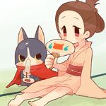  alternate_hairstyle amano_yukiko_(youkai_watch) barefoot brown_hair cape cat chiyoko_(oman1229) commentary_request fan food fuyunyan japanese_clothes kimono long_hair paper_fan popsicle red_cape scar sitting uchiwa youkai youkai_watch youkai_watch_2 