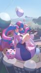  1girl absurdres arm_support asuka-w balloon blue_hair blue_skirt building closed_mouth commentary_request day flower hair_flower hair_ornament hand_up hatsune_miku highres holding holding_poke_ball jigglypuff long_sleeves loose_socks multicolored_hair outdoors pink_footwear pink_hair poke_ball poke_ball_(basic) pokemon pokemon_(creature) project_voltage purple_eyes red_flower shoes sitting skirt sky socks sweater twintails two-tone_hair vocaloid 