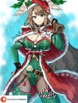  1girl alternate_costume asymmetrical_bangs black_choker black_gloves blue_eyes blue_pupils breast_tattoo breasts brown_hair capelet choker christmas cleavage coat elbow_gloves eunie_(xenoblade) fgsketch fingerless_gloves fur-trimmed_coat fur_trim gloves green_gloves green_leotard green_thighhighs hand_on_own_hip hat head_wings highres large_breasts leotard pantyhose red_capelet red_coat santa_costume santa_hat solo tattoo thighhighs thighhighs_over_pantyhose white_wings wings xenoblade_chronicles_(series) xenoblade_chronicles_3 