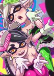  2girls \m/ aori_(splatoon) bare_shoulders black_hair breasts butcha-u choker cleavage domino_mask earrings gloves green_legwear hat hotaru_(splatoon) jewelry lipstick long_hair looking_at_viewer makeup mask medium_breasts mini_hat mole mole_under_eye multiple_girls open_mouth pantyhose pink_legwear pointy_ears short_hair silver_hair splatoon_(series) splatoon_1 white_gloves yellow_eyes 