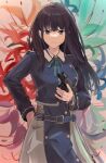  1girl black_hair closed_mouth commentary flower gun handgun highres holding holding_weapon inoue_takina long_hair long_sleeves looking_at_viewer lycoris_recoil lycoris_uniform red_flower red_spider_lily serious timberg12138 upper_body v-shaped_eyebrows weapon 