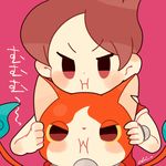  :i amano_keita blue_fire blush brown_hair cat chiyoko_(oman1229) face fire jibanyan looking_at_viewer multiple_tails notched_ear pink_background short_hair simple_background tail tail-tip_fire two_tails watch wristwatch youkai youkai_watch youkai_watch_(object) 