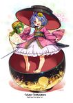  ;d barefoot blue_hair bowl bowl_hat character_name commentary_request english floral_print flower hair_flower hair_ornament hat holding_needle in_bowl in_container japanese_clothes kimono long_sleeves miracle_mallet needle obi one_eye_closed open_mouth pink_eyes sash smile solo sukuna_shinmyoumaru touhou umigarasu_(kitsune1963) wide_sleeves 