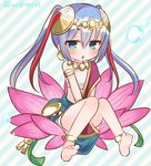  anklet aqua_eyes armlet bangs barefoot between_legs blue_hair diagonal_stripes earrings flower hair_ornament hand_between_legs indian_clothes jewelry jitome lakshmi_(p&amp;d) lotus lotus_pedestal marshmallow_mille midriff necklace on_flower puzzle_&amp;_dragons sari sitting solo striped striped_background twintails twitter_username water_drop 