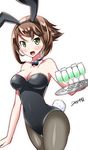  animal_ears bow bowtie brown_hair bunny_ears bunny_tail bunnysuit cup detached_collar drinking_glass green_eyes kantai_collection mutsu_(kantai_collection) pantyhose short_hair solo tail tray wine_glass yuuki_hb 