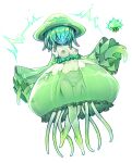  1girl 1other ascot barefoot breasts detached_sleeves dress electricity glowing glowing_mouth green_ascot green_dress green_hair green_headwear green_theme highres jellyfish jellyfish_(terraria) jellyfish_girl long_sleeves medium_breasts medium_hair monster_girl navel no_eyes nyong_nyong pussy see-through simple_background tentacle_hair tentacle_hands tentacle_legs terraria white_background wide_sleeves 