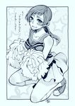  blush breasts cheerleader idolmaster idolmaster_cinderella_girls medium_breasts monochrome nitta_minami open_mouth pom_poms ponytail smile solo takanashi_ringo 