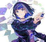  1girl artist_name blue_eyes blue_hair blue_jacket blue_nails blue_theme blunt_bangs dot_nose grin hair_ornament holding_mahjong_tile jacket long_sleeves looking_at_viewer mahjong mahjong_tile nagu nail_polish open_clothes open_jacket original outstretched_arm parted_lips short_hair smile solo teeth upper_body x_hair_ornament 