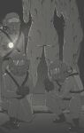  3others ass bodysuit coil-head_(lethal_company) flashlight from_behind gameplay_mechanics gloves greyscale hazmat_suit highres holding holding_flashlight indoors lethal_company monochrome multiple_others oxygen_mask oxygen_tank praying squatting strap tube tyrone worker_(lethal_company) 