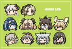  6+girls ;d adjusting_eyewear ahoge animal_ears antenna_hair arknights astgenne_(arknights) black_hairband blonde_hair blue_eyes blue_hair brown_eyes brown_hair chibi dog-san dog_ears dog_girl dorothy_(arknights) ear_tag earrings floppy_ears glasses gloves goggles goggles_around_neck goggles_on_head green_background green_eyes grey_hair hair_ornament hairband hand_up highres ifrit_(arknights) jewelry jitome kristen_(arknights) laurels long_hair magallan_(arknights) mask mask_around_neck mayer_(arknights) medium_hair mole mole_under_eye mouse_ears mouse_girl muelsyse_(arknights) multicolored_hair multiple_girls one_eye_closed opaque_glasses open_mouth orange_eyes owl_ears pointy_ears ponytail ptilopsis_(arknights) rhine_lab_(arknights) robot round_eyewear saria_(arknights) shaded_face sharp_teeth short_twintails sidelocks silence_(arknights) simple_background smile streaked_hair teeth twintails v white_gloves white_headwear yellow_eyes 