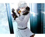  1boy artist_name black_gloves closed_mouth coat cowboy_shot earrings fate/grand_order fate_(series) fur-trimmed_coat fur_trim gloves jewelry kadoc_zemlupus letterboxed long_sleeves looking_at_viewer male_focus outside_border sazanami_misa serious snow solo white_coat white_hair yellow_eyes 