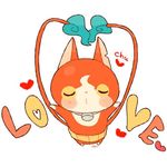  cat chiyoko_(oman1229) closed_eyes commentary_request english fire haramaki heart incoming_kiss jibanyan multiple_tails no_humans notched_ear protected_link simple_background solo tail tail-tip_fire two_tails white_background youkai youkai_watch 