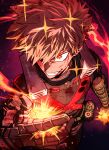  1boy absurdres bakugou_katsuki black_suit blonde_hair blood blood_from_mouth boku_no_hero_academia explosion explosive fire gloves grenade grin hero_costume highres looking_at_viewer smile sparkle suit superhero thirdphp upper_body 