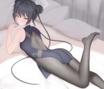  1girl absurdres bed_sheet black_dress black_hair black_pantyhose blue_archive blush breasts butterfly_hair_ornament china_dress chinese_clothes doraski double_bun dragon_print dress grey_eyes grey_halo hair_bun hair_ornament halo highres indoors kisaki_(blue_archive) long_hair lying on_stomach pantyhose parted_lips pillow signature sleeveless sleeveless_dress small_breasts solo twintails 