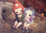  2girls :d autumn_leaves blue_hair chewing closed_eyes commentary_request eating falling_leaves food from_above gradient_hair green_eyes highres leaf medium_hair minamo_(trr) multicolored_hair multiple_girls octoling octoling_girl plaid plaid_scarf pleated_skirt purple_hair red_hair rice scarf sitting_on_bench skirt smile splatoon_(series) tentacle_hair trash_can two-tone_hair 