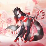 1:1 2023 anthro artist_name big_tail biped black_clothing black_footwear black_hair black_legwear black_socks black_thigh_highs black_thigh_socks blue_eyes bodysuit bow_ribbon breasts candy candy_cane canid canine canis cleavage clothed clothing countershade_face countershade_fur countershade_torso countershading dessert detailed_background digital_media_(artwork) eyebrows eyelashes female food footwear fur gradient_hair grey_body grey_fur hair hi_res legwear lollipop long_hair looking_at_viewer mammal markings multicolored_hair neckwear open_mouth red_bodysuit red_clothing red_footwear red_hair red_high_heels red_shoes red_skinsuit ring_(marking) ringtail shaded shoes skinsuit socks solo spider_bones tail tail_markings thigh_highs thigh_socks tight_clothing two_tone_hair white_body white_fur wolf