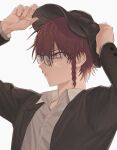  1boy baseball_cap black_headwear black_jacket braid closed_mouth collared_shirt expressionless facing_to_the_side fujo0t4ku glasses grey_background grey_shirt hat highres jacket long_sleeves looking_ahead maeno_aki male_focus red_eyes red_hair shirt solo zeno_(game) 