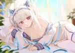  1girl absurdres animal_ears ariko_(aaaaarik) artist_name azur_lane bare_shoulders blue_hairband blue_ribbon breasts collarbone curtains dress fake_animal_ears hair_ornament hair_ribbon hairband highres indoors laffey_(azur_lane) laffey_ii_(azur_lane) long_hair long_sleeves looking_at_viewer lying on_side parted_lips plant rabbit_ears rabbit_hair_ornament red_eyes ribbon short_dress small_breasts solo thighhighs twintails white_dress white_hair white_thighhighs window 