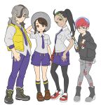  1boy 3girls ahoge arven_(pokemon) black_hair black_pantyhose blue_hair boots braid breast_pocket brown_eyes brown_hair closed_mouth collared_shirt eyelashes freckles glasses green_hair grin hand_up hat highres holding holding_phone hood hood_down hoodie juliana_(pokemon) long_hair long_sleeves multicolored_hair multiple_girls necktie nemona_(pokemon) open_clothes open_vest orange_pants pants pantyhose penny_(pokemon) phone pocket poke_ball_print pokemon pokemon_sv ponytail purple_necktie purple_pants purple_shorts red_hair round_eyewear school_uniform see-through see-through_skirt shirt shoes short_hair shorts shorts_under_skirt sjw_kazuya skirt smile socks standing teeth two-tone_hair vest 